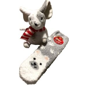 Shine Holiday Slipper Socks Giggle Scape Plush Mouse Set Gray White Polar Bear